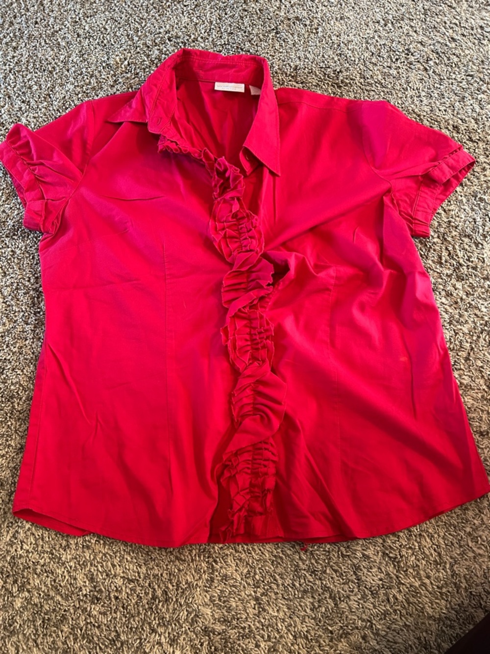 New York & Company Fuchsia Ruffle-Front Short Sleeve Button-Down Blouse